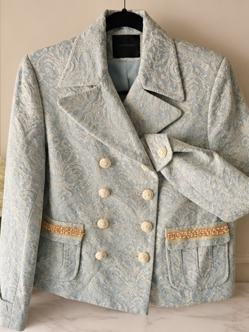 Elegant Light Blue Brocade Double-Breasted Jacket